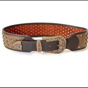 Brown Leather Crystal Studded Wide Waist Belt